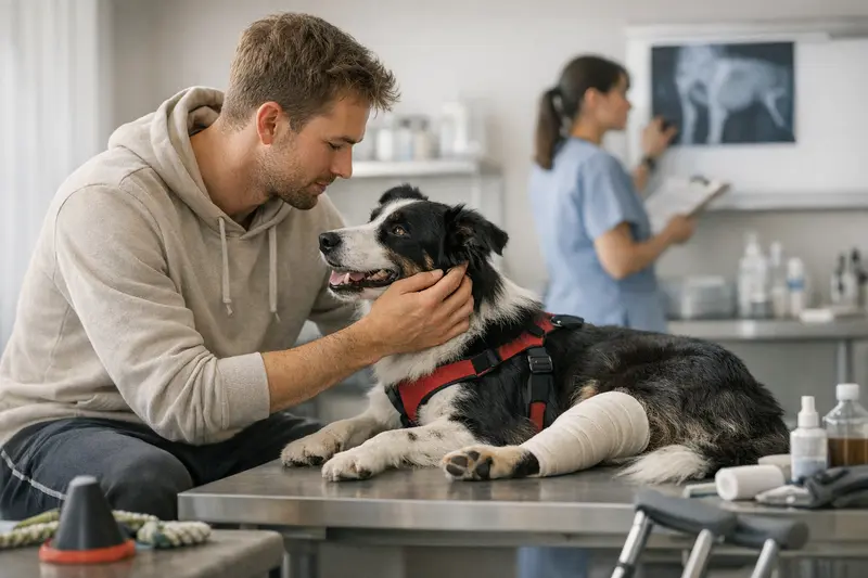 Hundephysiotherapie bei Sportverletzungen Ein Hund bei einer Physiotherapie zur Behandlung sportlicher Verletzungen.