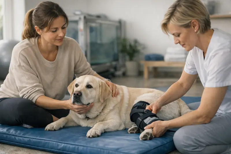 Physiotherapie Hund Sportverletzung Hund erhält physiotherapeutische Behandlung nach einer Sportverletzung.