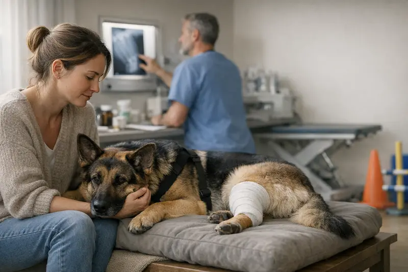 Ein Hund wird beim Tierarzt untersucht, um tierärztliche Kosten nach einer Verletzung zu verdeutlichen.