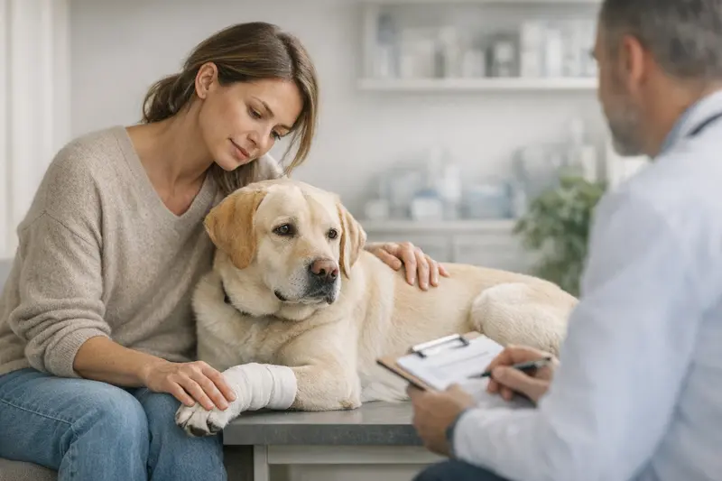 Ein Hund mit einem Verband an seinem Bein, der von einem Tierarzt untersucht wird.