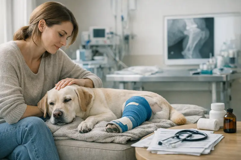 Kosten bei Hundeverletzungen durch Sport Hund mit Verband nach sportlicher Verletzung beim Tierarzt.