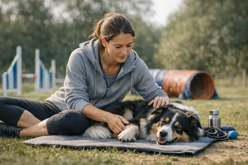 Hundesport Verletzungsprävention Ein Hund, der sich auf dem Trainingsplatz aufwärmt, um Verletzungen im Hundesport zu vermeiden.