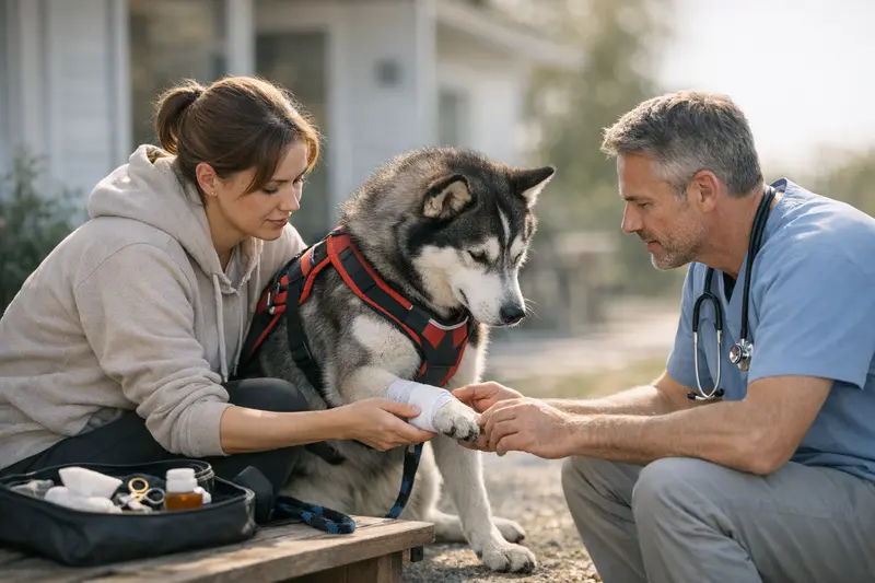 Hundeversicherung und Verletzungen beim Laufen Ein Hund, der beim Laufen am Zuggeschirr verletzt wird und tierärztlich behandelt wird.