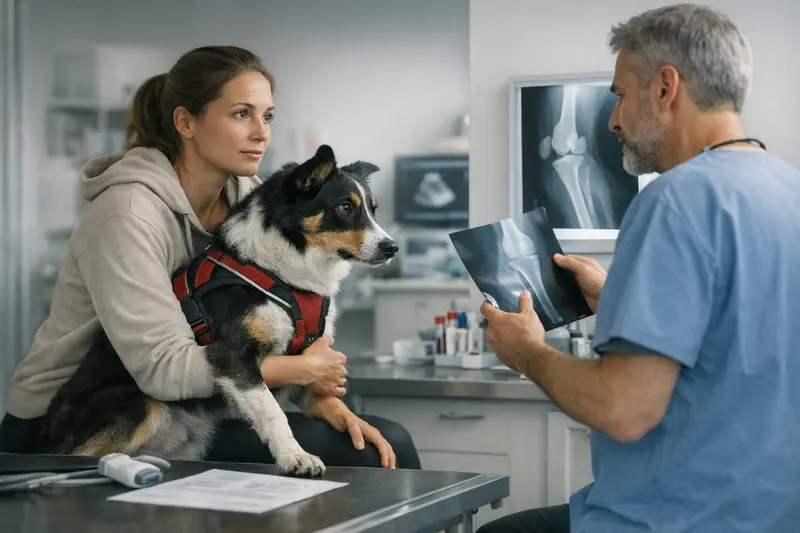 Diagnostik für aktive Hunde Aktiver Hund beim Tierarzt, der untersucht wird, um Schmerzen zu diagnostizieren.