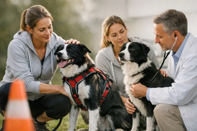 Hund im Sporttraining Aktiver Hund beim Sporttraining mit einem Trainer, der auf Vorsorge und Gesundheit achtet.