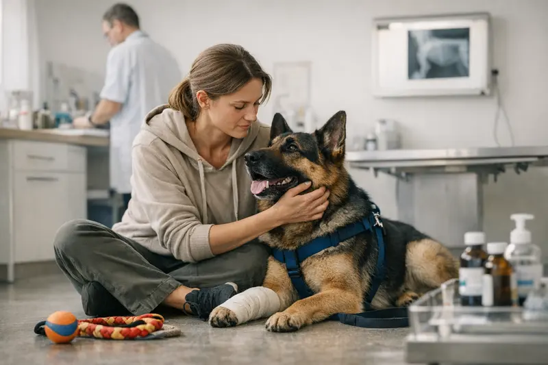 Tarifvergleich Hundeversicherung Hundehalter vergleicht verschiedene Tarife zur Hundeversicherung am Laptop.
