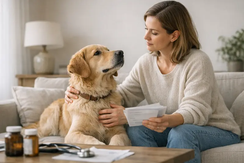 Tierarztkostenabsicherung für Hunde Ein glücklicher Hund beim Tierarzt, der eine Untersuchung erhält, symbolisiert die Bedeutung einer Tierarztkostenabsicherung.