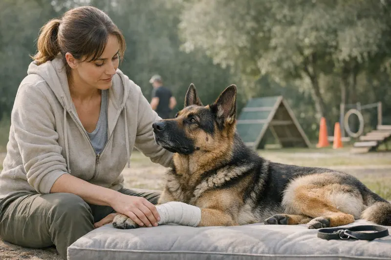 Ein Hund beim Training mit seinem Besitzer, der auf die Beachtung von Sicherheit während des Trainings hinweist.
