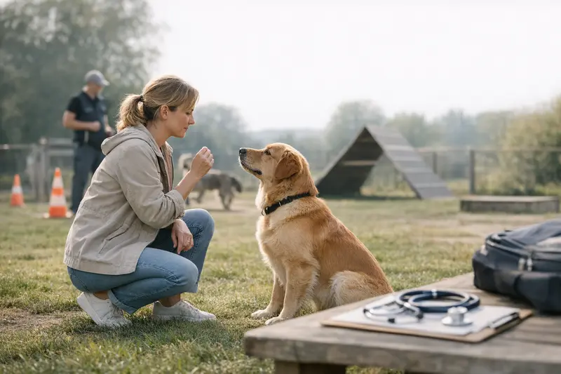 Hundetraining und Krankenversicherung Hundehalter während des Hundetrainings mit einem Trainer.