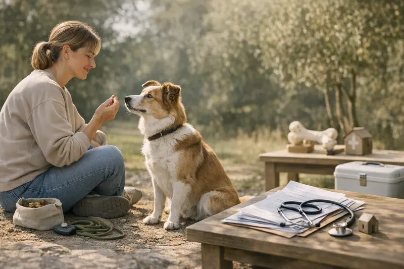 Hundetraining versus Versicherungsschutz Ein Hund, der beim Training mit seinem Besitzer gut aufgehoben ist, während ein Versicherungssymbol im Hintergrund sichtbar ist.