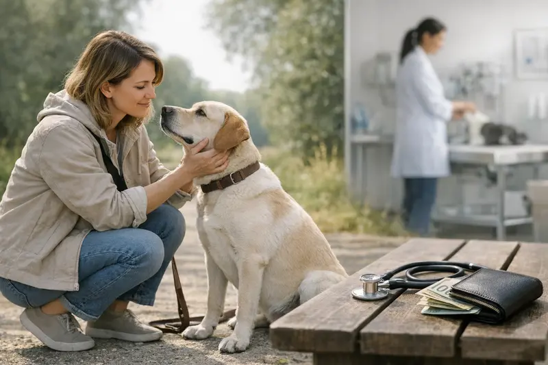 Hundetraining zur Kostenreduzierung beim Tierarzt Ein Hund beim Training mit einem Halter, der Leinenmanagement übt.