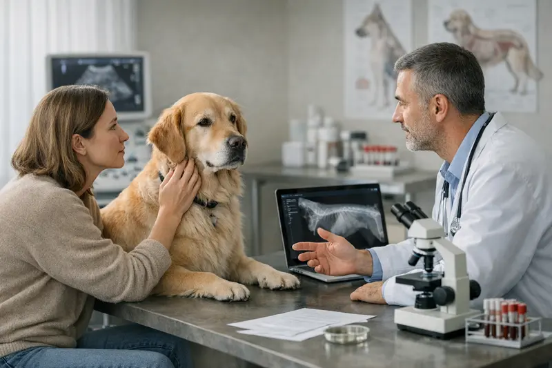 Hunde mit Tierarzt während einer Untersuchung zur Abklärung von Operationskosten.