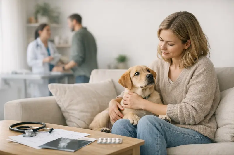 Tierarztkosten bei jungen Hunden Junger Hund in einer Tierarztpraxis, während einer Untersuchung zur Einschätzung der Gesundheitskosten.
