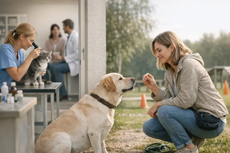 Ein Hund beim Tierarzt, der über Vorsorgeleistungen in einer Tierkrankenversicherung informiert wird.