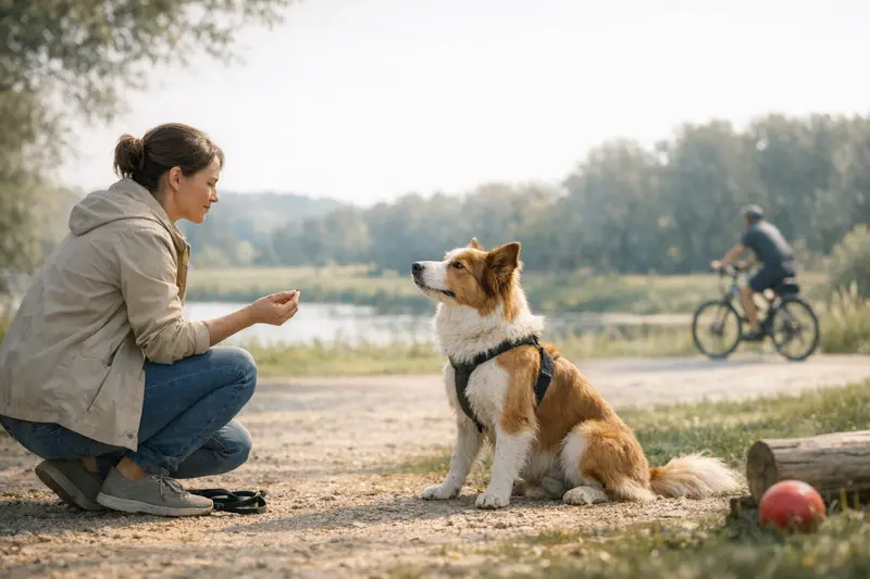 Hundetraining zur Vermeidung von Versicherungsfällen Ein Hund, der mit seinem Besitzer ein sensibles Training durchführt.