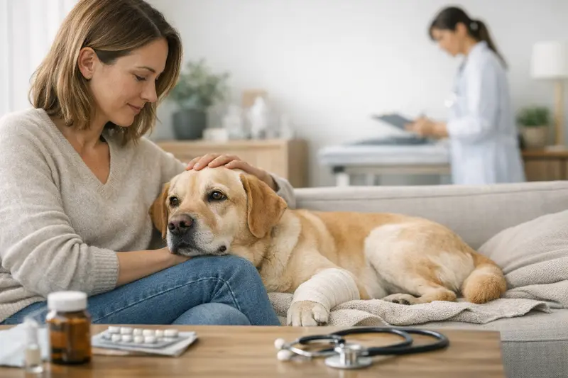 Krankenversicherung für Hunde Eine Hundebesitzerin mit ihrem Hund beim Tierarzt, um über Krankenversicherung und OP-Schutz zu beraten.