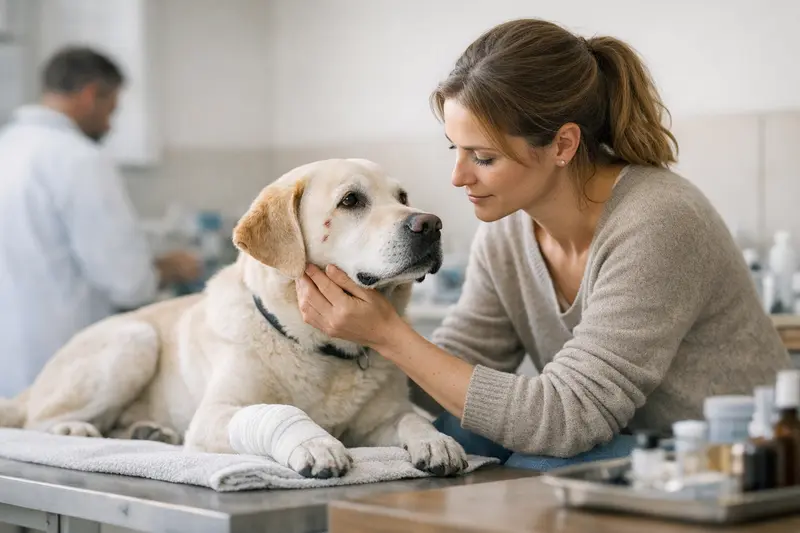 Hundebegegnungen sicher gestalten Zwei Hunde treffen sich im Park, während der Halter auf mögliche tierärztliche Kosten vorbereitet ist.