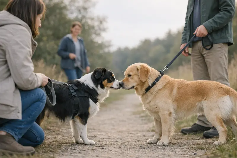 Sichere Hundebegegnung an der Leine Hunde treffen sich kontrolliert an der Leine für eine sichere Annäherung.