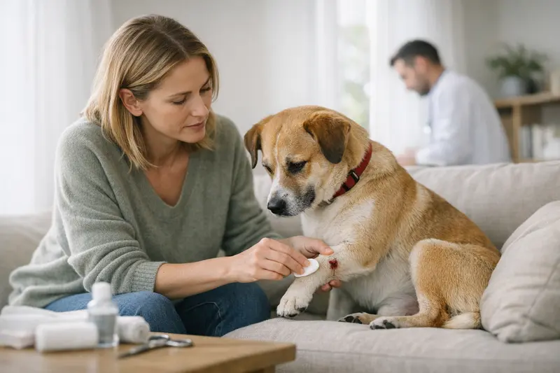 Hundesicherheit und Tierarztbesuch Ein Hund bellt vor einem Tierarzt, während ein zweiter Hund angeleint wird, um eine mögliche Bissverletzung zu vermeiden.