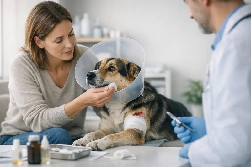 Tierarztkosten nach Hundekonflikten Tierarzt untersucht einen Hund nach einem Konflikt und zeigt typische Behandlungskosten auf.