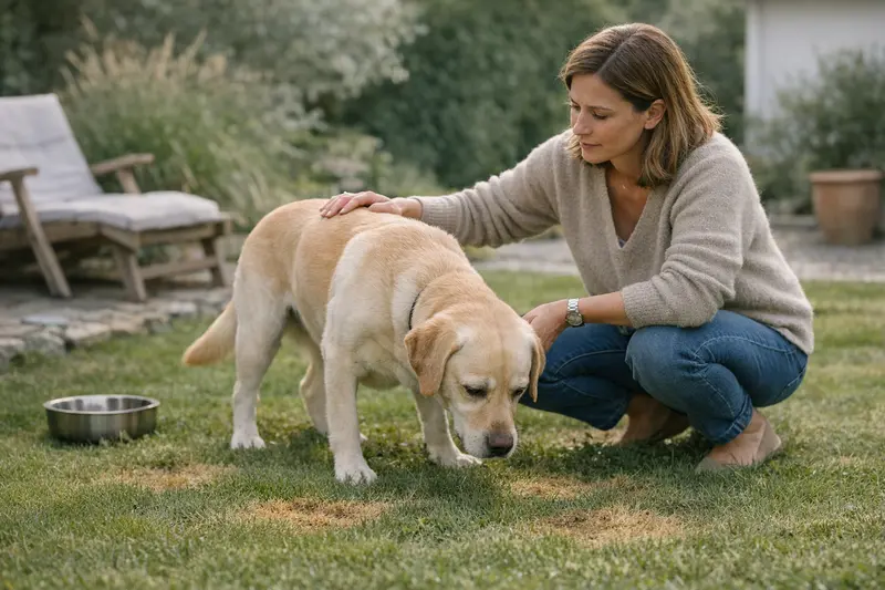 Ein Hund steht auf einem Rasen mit Urinflecken, während sein Halter besorgt auf ihn schaut.