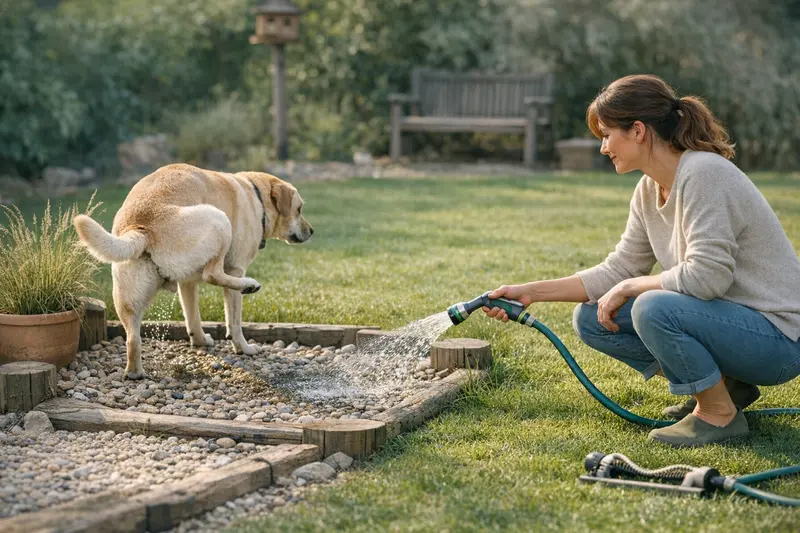 Hund uriniert auf Rasen Ein Hund uriniert auf einem Rasen, während der Besitzer eine feste Pinkelzone einrichtet.