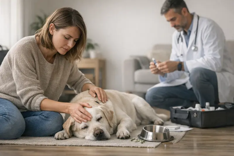 Hund beim Tierarzt zur Prävention von Vergiftungen Ein Hund auf einem Tierarztbesuch, der untersucht wird, um mögliche Vergiftungsrisiken zu erkennen.