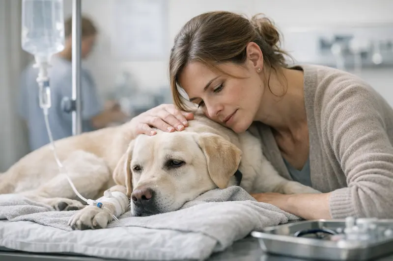 Tierarzt untersucht Hund auf Anzeichen einer Vergiftung.