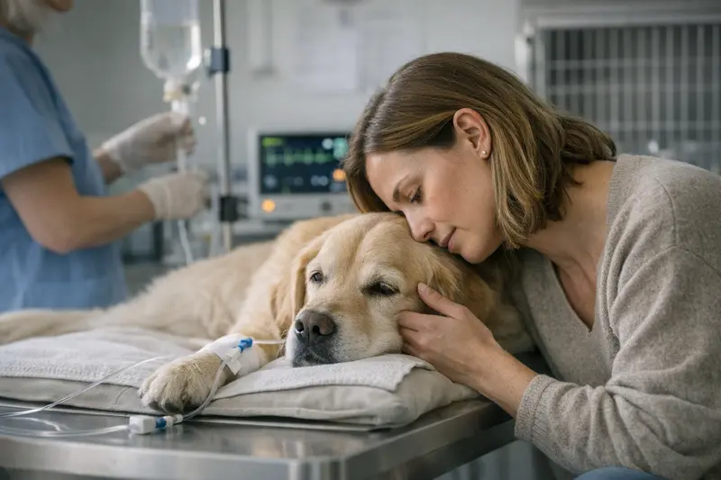 Tierarztuntersuchung bei Vergiftungen Tierarzt untersucht einen Hund nach einer Vergiftung.