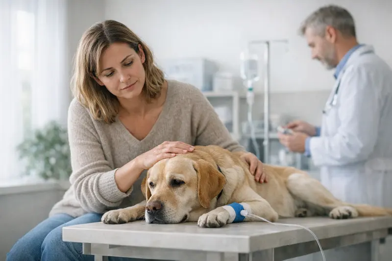 Ein Hund in einer Tierarztpraxis, der behandelt wird, um gesundheitliche Risiken zu minimieren.