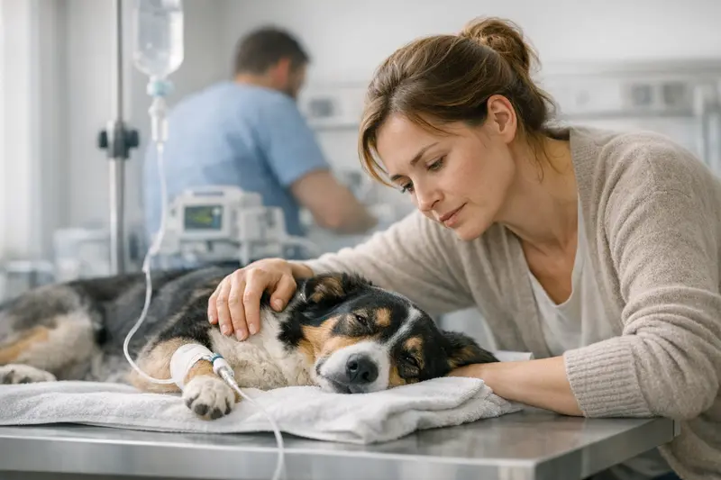 Tierarztbesuch bei Hundevergiftung Ein Hundebesitzer konsultiert einen Tierarzt wegen möglicher Vergiftungssymptome.
