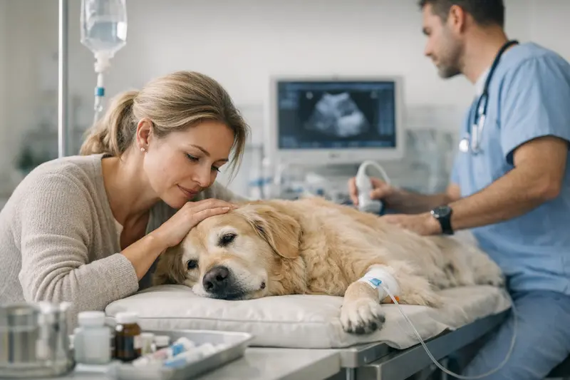 Notfallversorgung für Hunde - Tarifdetails Ein Hund wird in einer Tierarztpraxis behandelt, während die Kosten für Notfälle und Tarifdetails wichtig sind.