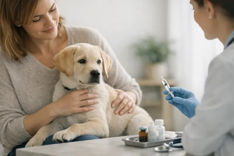 Hunde nebst Tierarzt, der ein Welpen-Impfung durchführt.