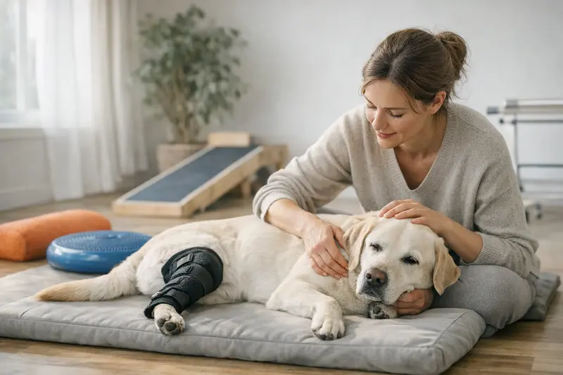 Ein Hund in einer Physiotherapie-Sitzung zur Rehabilitation nach einer Verletzung.