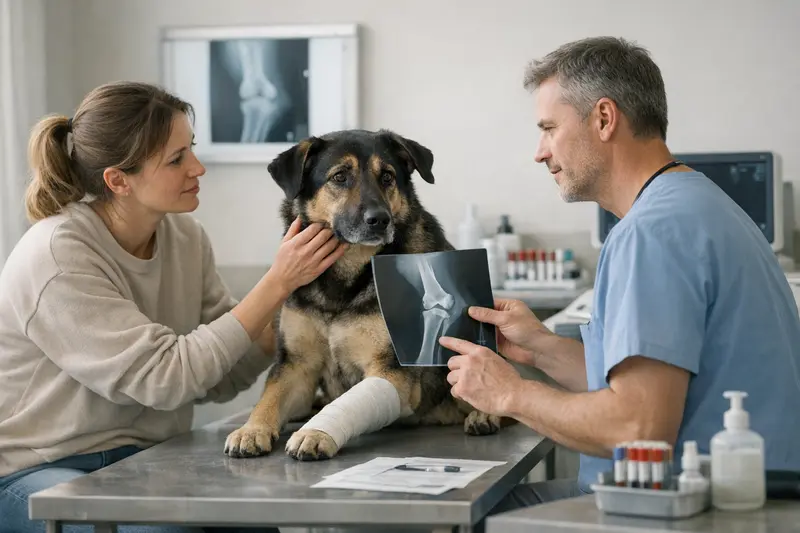 Tierarztuntersuchung bei Hund mit Lahmheit Ein Tierarzt untersucht einen lahmenden Hund auf eine mögliche Ursache für die Schmerzen.