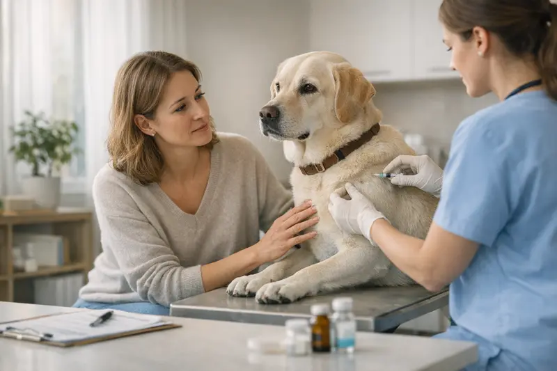 Ein Hund beim Tierarzt zur jährlichen Impfung, symbolisierend die Vorsorgeleistungen einer Hundeversicherung.