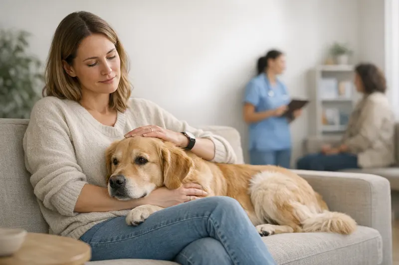 Wartezeiten in der Hundekrankenversicherung Hund beim Tierarzt mit Besprechung über Wartezeiten in der Krankenversicherung.