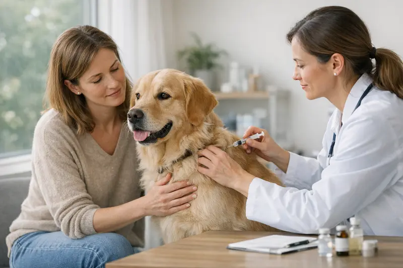 Hundeversicherung und Vorsorgeleistungen Ein Hund beim Tierarzt für Impfungen und Vorsorgeuntersuchungen.