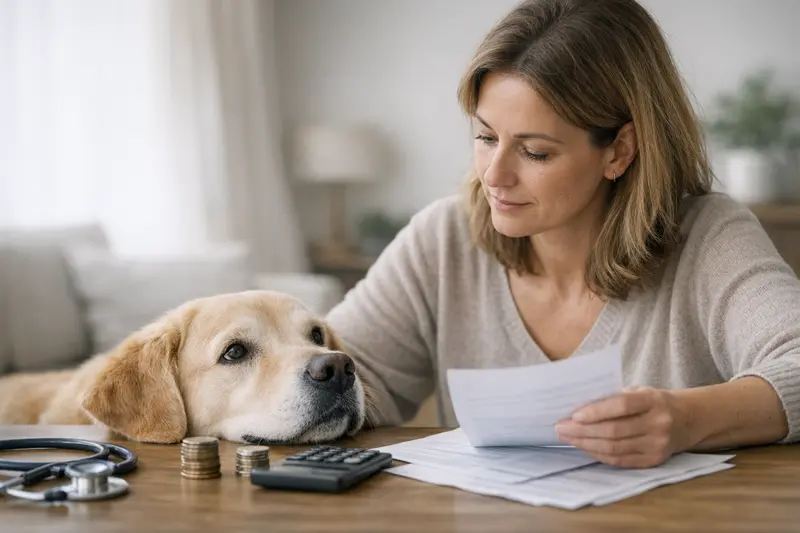 Selbstbeteiligung in der Hundekrankenversicherung Eine Person, die die Selbstbeteiligung bei einer Hundekrankenversicherung erklärt.