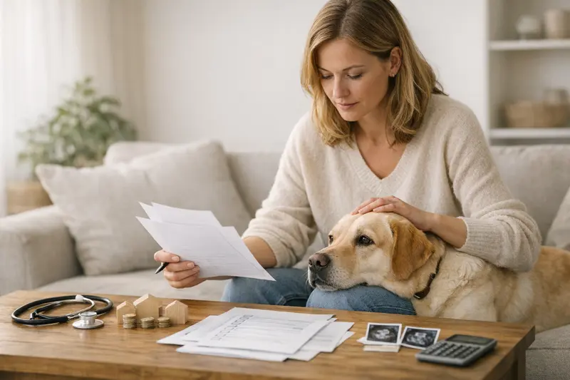 Tarifvergleich Hundekrankenversicherung Ein Hundebesitzer vergleicht verschiedene Hundekrankenversicherungstarife am Laptop.