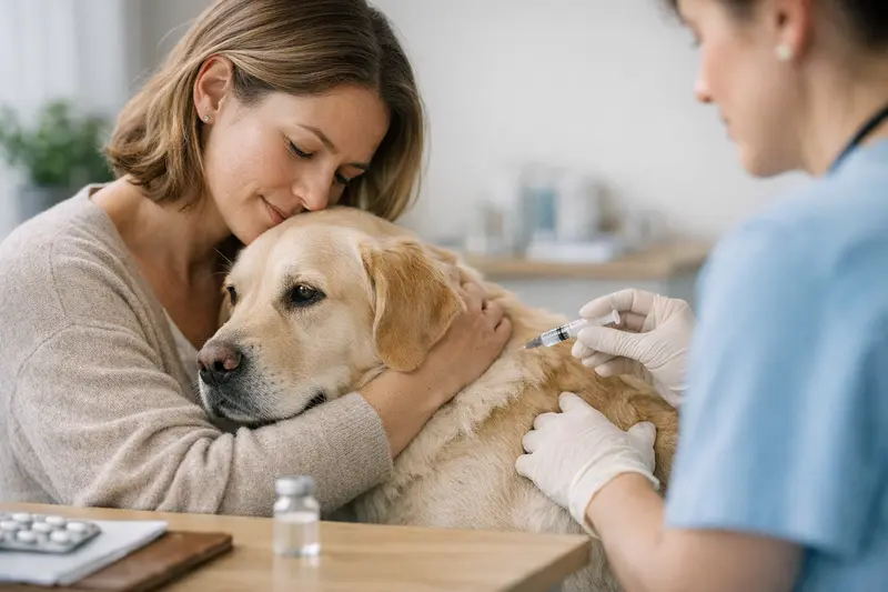 Hund beim Tierarzt zur Impfungsuntersuchung Ein gesunder Hund wird beim Tierarzt geimpft, um seine Gesundheit zu sichern.