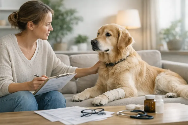 Tierarztbesuch mit einem Hund und einem Tierarzt, der über die wichtigsten Tarifpunkte bei Tierarztkosten spricht.