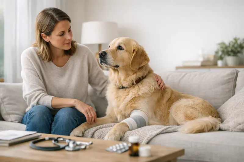 Ein Hund liegt entspannt beim Tierarzt, während eine Untersuchung durchgeführt wird.