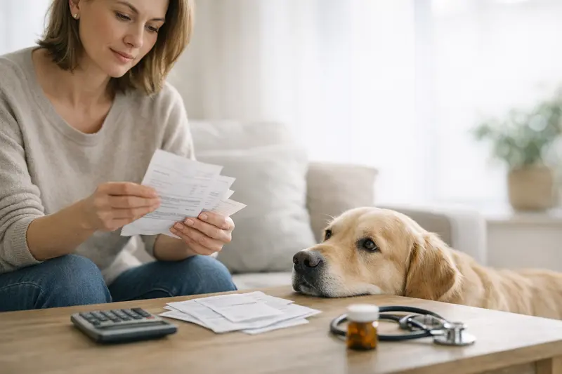 Wichtigkeit der Abrechnung nach Gebührenordnung in der Hundeversicherung Ein Hundebesitzer betrachtet eine Tierarztrechnung und denkt über die Abrechnung nach Gebührenordnung nach.