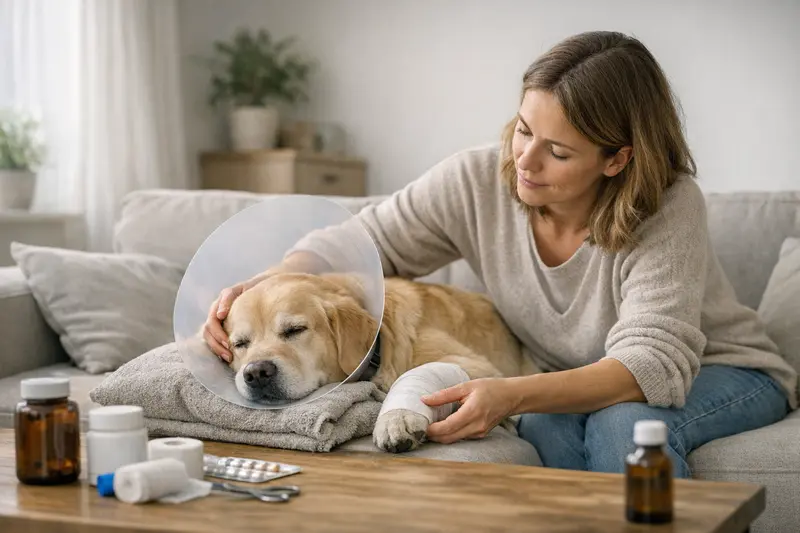 Nachbehandlungskosten Hundeversicherung Hundefotografie während einer Nachbehandlung in der Tierklinik.