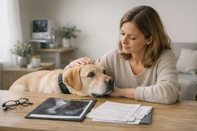 Hund Tierarzt Untersuchung Kosten Ein Hund wird von einem Tierarzt untersucht, um die Kosten der Behandlung zu besprechen.