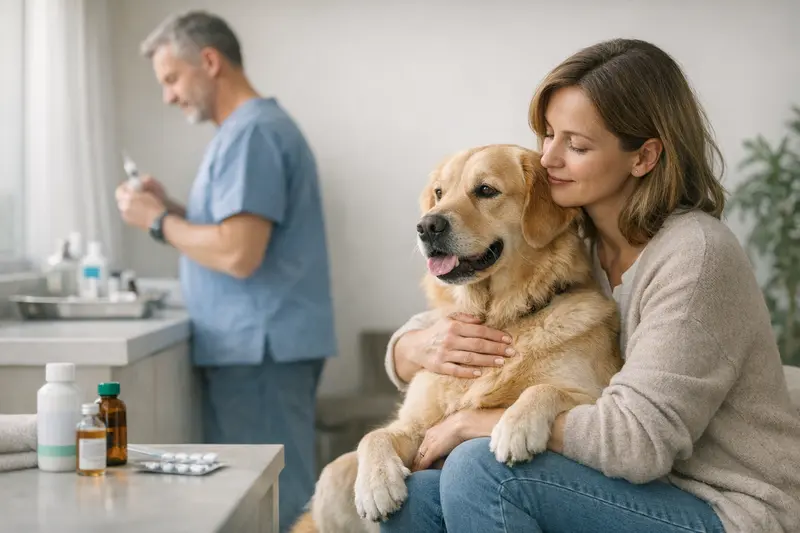 Ein gesunder Hund bei einer Tierarztuntersuchung, umgeben von gesundheitsfördernden Produkten.
