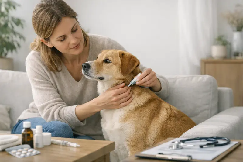 Vorsorgeuntersuchung beim Hund Hund beim Tierarzt für eine Impfungsuntersuchung zur Vorsorge.