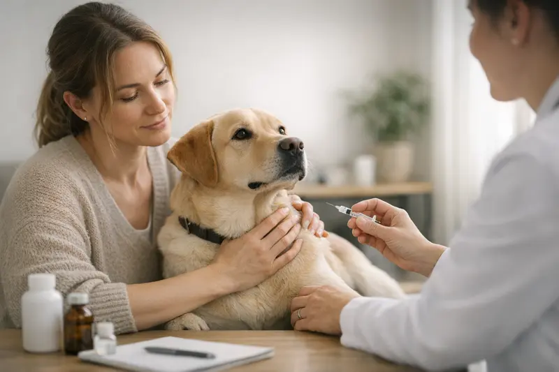 Hundeimpfung und Vorsorge Ein Hund beim Tierarzt zur Impfung im Rahmen der Gesundheitsvorsorge.