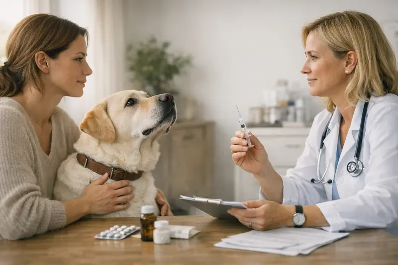 Ein Hund erhält eine Impfung beim Tierarzt, während die Besitzerin Fragen zur Versicherung stellt.